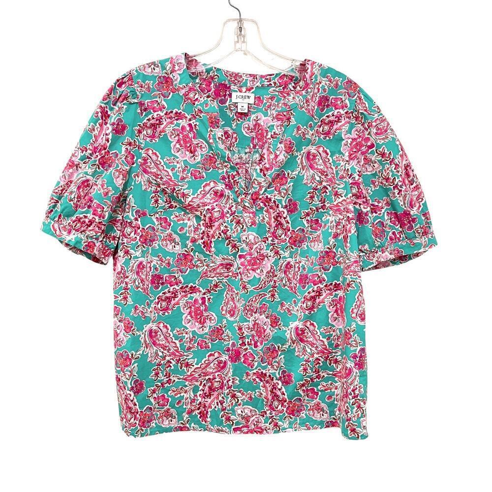 J Crew Factory Women’s SZ M Cotton Poplin Popover Top Puff Sleeve Green & Pink